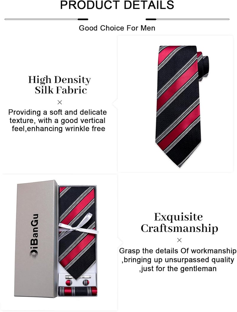 DiBanGu Mens Striped Tie Silk Woven Necktie and Pocket Square Cufflinks Tie Clip Set Wedding Business Formal Gift Tie for Men - Image 4